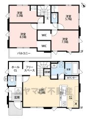4LDK。LDK広々19.5帖＾＾スタディーカウンター＆フリースペース付き。玄関にホールクローク、2階2洋室にウォークインクローゼットなど収納充実の間取り＾＾