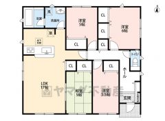家事・生活動線を考えられた平屋4LDK。LDKは17帖。上部は勾配天井で開放感ある空間＾＾全居室収納付き＾＾
