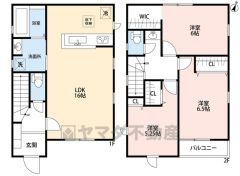 3LDK。南東向き＾＾LDK16帖＾＾昇り降りのしやすいストレート階段を採用。南東バルコニー付き＾＾2階にカウンター手洗い器あり＾＾