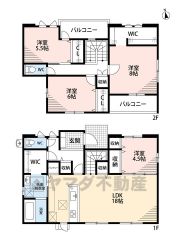 オールフローリング4LDK。LDKは広々18帖＾＾1階にファミリークローク完備＾＾パントリー、リビング収納、ウォークインクローゼットなど収納充実の間取り。2面バルコニーで陽当たり、風通し良好＾＾