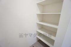 キッチンに設けられたパントリー。備蓄品や大きなお皿、使用頻度の少ない調理器具などの収納に便利です。