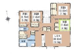 南側LDKと和室を合わせると23帖の大空間となります。ファミリークローク、WIC、各部屋収納付で収納充実。
