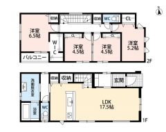 4LDK。南向き。パントリー＆リビング収納＆WICなど収納充実の間取り＾＾2階の2洋室は行き来可能。お子様の成長に合わせてお使いいただけます＾＾南面バルコニーで陽当たり良好＾＾