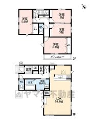 4LDK。2階の洋室には2ドア1ルームの部屋があるので、お子様の成長に合わせて利用できます。1階にスタディーカウンター付き。