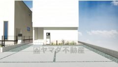 完成予想図。駐車場から玄関までの動線がオープンで、圧迫感がありません。白い外壁が空の青さに映え、清潔感あふれる明るい住まい＾＾ 