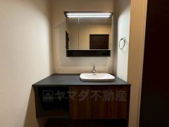 三面鏡裏収納付き洗面化粧台です＾＾ 歯磨きセットやスキンケア用品などの収納に便利ですね。