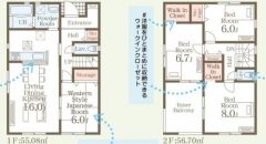 4LDK。南東向き。リビング隣に和室あり。2階2洋室にウォークインクローゼットなど全居室収納付き。幅広インナーバルコニーで急な雨でも安心＾＾