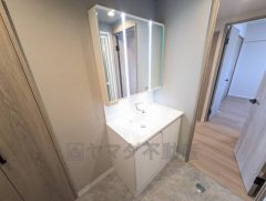 三面鏡裏収納付き洗面化粧台です＾＾ 歯磨きセットやスキンケア用品などの収納に便利ですね。