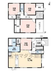 4LDK。1階はLDKと隣洋室合わせて約21.2帖の広々とした空間＾＾パントリー＆勝手口付き。2階2洋室にウォークインクローゼットなど収納充実の間取り＾＾
