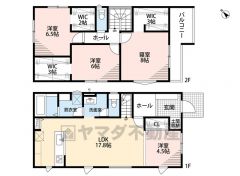 4LDK。LDK17.8帖＾＾主寝室は8帖＾＾2階全居室にウォークインクローゼット付き。インナーバルコニー＾＾玄関にはシューズボックスと土間収納付き。