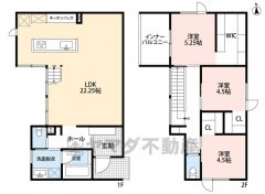 オール電化＾＾オールフローリング3LDK。LDKは広々22.25帖＾＾嬉しいアイランドキッチン。おしゃれな鉄骨階段＾＾全居室収納付き。インナーバルコニー＾＾