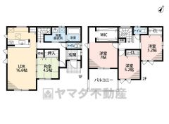 4LDK。1階はLDKと和室合わせて約21.1帖の広々とした空間＾＾ 2階に洋室3部屋。主寝室に大容量のウォークインクローゼットなど全居室収納付き。 南東バルコニーで陽当たり良好＾＾ 