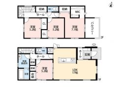 4LDK。LDK17帖＾＾パントリー付き。家族間コミュニケーションが取りやすいリビングスルー階段を採用。主寝室にウォークインクローゼットなど全居室収納付き＾＾東側に広々バルコニーあり。