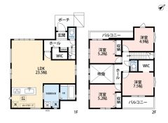 4LDK。オールフローリング。2面バルコ二ー。 リビング広々23.5帖＾＾1.2階にWIC完備＾＾