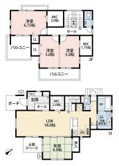 約6帖の和室含む4LDK。サンルームやリビングにWICなどこだわりのつまった間取り＾＾2階洋室は全居室バルコニーに面しており明るく開放的な空間＾＾ 