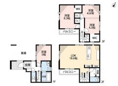 3LDK3階建ての新築物件。9.1帖の洋室は、成長したお子様が部屋を分けれるように、間仕切り可能となっています。