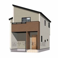 完成予想図、正面。 エッジの効いた片流れ屋根のシルエットが、モダンで都会的な印象を与える外観デザイン。飽きのこないベージュの外壁をベースに、温かみのあるウッド調のアクセントを大胆に配しました。