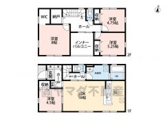オールフローリング4LDKとS。LDKはリビング横の洋室と合わせると20.5帖の広々空間＾＾2階にストレージルーム付き。主寝室は8帖＾＾WIC付き。全居室収納。南面インナーバルコニーあり。