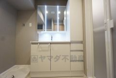 三面鏡にハンドシャワー付きで使いやすい洗面台です＾＾鏡裏と洗面ボウル下に収納付きの洗面台なので、整理整頓ができスッキリと使えます＾＾