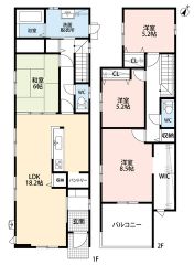 4LDK。リビングダイニングを分けやすいヨコ型LDK。リビング収納＆パントリー付き。主寝室に大容量のウォークインクローゼット、洗面室収納など収納充実の間取り。