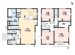 4LDK。南向き＾＾LDK16.62帖。リビング収納＆パントリー＆スタディーカウンター付き。主寝室にウォークインクローゼットなど全居室収納付き＾＾南面バルコニーで陽当たり良好＾＾