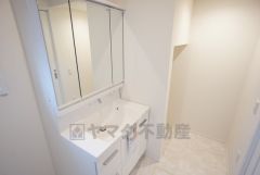 三面鏡の裏側に収納スペースを設置。化粧品や洗面小物などをすっきりと収納できます。