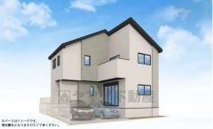完成予想図。清潔感あふれるホワイトベージュをベースに、落ち着いたグレーのアクセント壁を配したナチュラルモダンな外観＾＾ 