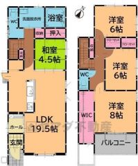 4LDK。リビングダイニングを分けやすいヨコ型LDK。パントリー付き。主寝室に大容量のウォークインクローゼットなど収納充実の間取り。