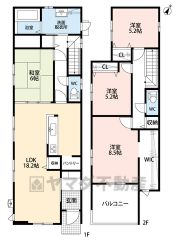4LDK。リビングダイニングを分けやすいヨコ型LDK。リビング収納＆パントリー付き。主寝室に大容量のウォークインクローゼット、洗面室収納など収納充実の間取り。