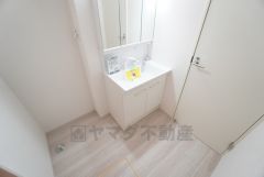 三面鏡裏収納付き洗面化粧台です＾＾ 歯磨きセットやスキンケア用品などの収納に便利ですね。 生活感も隠すことができ、来客時にも安心です。