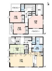 約5帖和室含む4LDK。収納充実の間取り＾＾LDKにはパントリー・リビング収納＾＾洗面室・廊下・全居室収納＾＾バルコニー3面＾＾陽当たり・風通し良好＾＾
