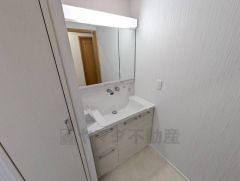 三面鏡裏収納付き洗面化粧台です＾＾ 歯磨きセットやスキンケア用品などの収納に便利ですね。ランドリースペース上部には窓も付いており換気に便利です＾＾ 