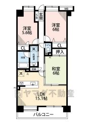 約6帖の和室含む3LDK。南向き。LDKと和室を合わせると約21.1帖の広々とした空間＾＾全居室収納＆廊下収納あり。南面バルコニーで陽当たり＆風通し良好＾＾