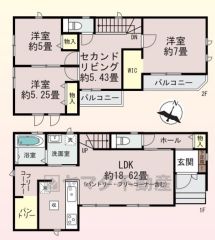 4LDK。LDKにはパントリーとフリーコーナー付き。2階にはセカンドリビングあり＾＾南面に2か所バルコニーあり＾＾