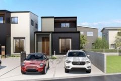 完成予想図。現況と異なる場合は現況優先となります。シンプルでいつまでも飽きのこないデザインが周囲の環境に調和し、どんなご家族にもフィットするデザインです。