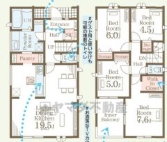 4LDK。ウォークインクローゼット＆洗面室収納＆シューズクロークなど収納充実の間取り。急な雨でも安心のインナーバルコニーあり。