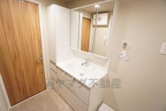 三面鏡裏収納付き洗面化粧台です＾＾ 歯磨きセットやスキンケア用品などの収納に便利ですね。 生活感も隠すことができ、来客時にも安心です。