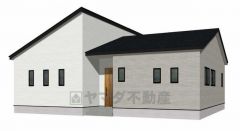 完成予想図、正面。 シンプルで洗練された現代建築スタイルを採用した平屋建て住宅。無駄を削ぎ落としたミニマリストデザインで、直線的な幾何学形状と非対称な屋根ラインが特徴的です＾＾