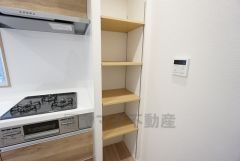 コンロ横に可動棚を設置＾＾収納したいものに合わせて高さが変えられ、スッキリと収納できそうです＾＾ちょっとしたパントリーとして＾＾