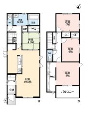 4LDK。リビングダイニングを分けやすいヨコ型LDK。パントリー付き。主寝室に大容量のウォークインクローゼットなど収納充実の間取り。