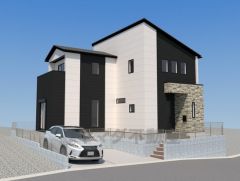 完成予想図。白と黒のシャープなコントラストを基調とした、現代的で洗練された外観デザインです。垂直のラインを強調したカラーリングが、建物全体をスマートで都会的な印象に仕上げています。