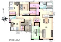 平屋。4LDKとファミリークローク。LDKは広々18.5帖。リビング収納＆パントリー付き。 ファミリークローク＆シューズクローク＆WICなど収納充実の間取り＾＾ 