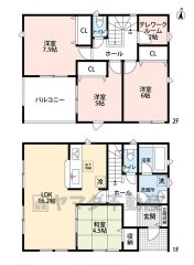 4LDKとテレワークルーム。LDKと和室を合わせると20.7帖の広々とした空間＾＾2階に窓付きの2帖テレワークルームあり。主寝室は7.5帖。全居室収納付き。南面に広々インナーバルコニー付き＾＾