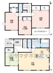 約4.5帖の和室含む4LDK。南面バルコニーに面した主寝室は8帖＾＾全居室収納付き＾＾2階廊下に手洗い器付き＾＾
