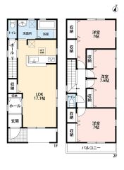 3LDK。南向きで陽当たり良好＾＾家族間のコミュニケーションが取りやすい、リビングスルー階段を採用。全居室7帖以上＾＾南面バルコニー。