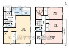 3LDKとストレージルーム＾＾LDKは広々約17.7帖。リビングダイニングを分けやすいL型。主寝室は7.5帖＾＾2階に居室から独立したテレワークルームあり＾＾南東バルコニー＾＾ 