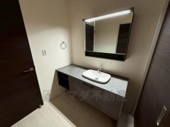 スタイリッシュでお洒落な洗面化粧台＾＾収納スペースも確保されており歯磨きセットやスキンケア用品などの収納に便利ですね。生活感も隠すことができ、来客時にも安心です。