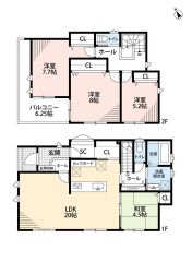 4LDK。LDK広々20帖＾＾ 全居室収納有、WIC、パントリー付きで収納充実の間取り＾＾全居室南向きの陽当たり、風通し良好＾＾