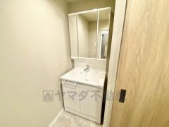 三面鏡裏収納付き洗面化粧台です＾＾ 歯磨きセットやスキンケア用品などの収納に便利ですね。 生活感も隠すことができ、来客時にも安心です。