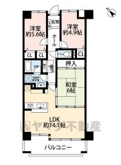 LDKは14.1帖、隣接する和室はゆとりある6帖＾＾全居室はもちろん、廊下部分にも収納あり＾＾南西側バルコニー＾＾